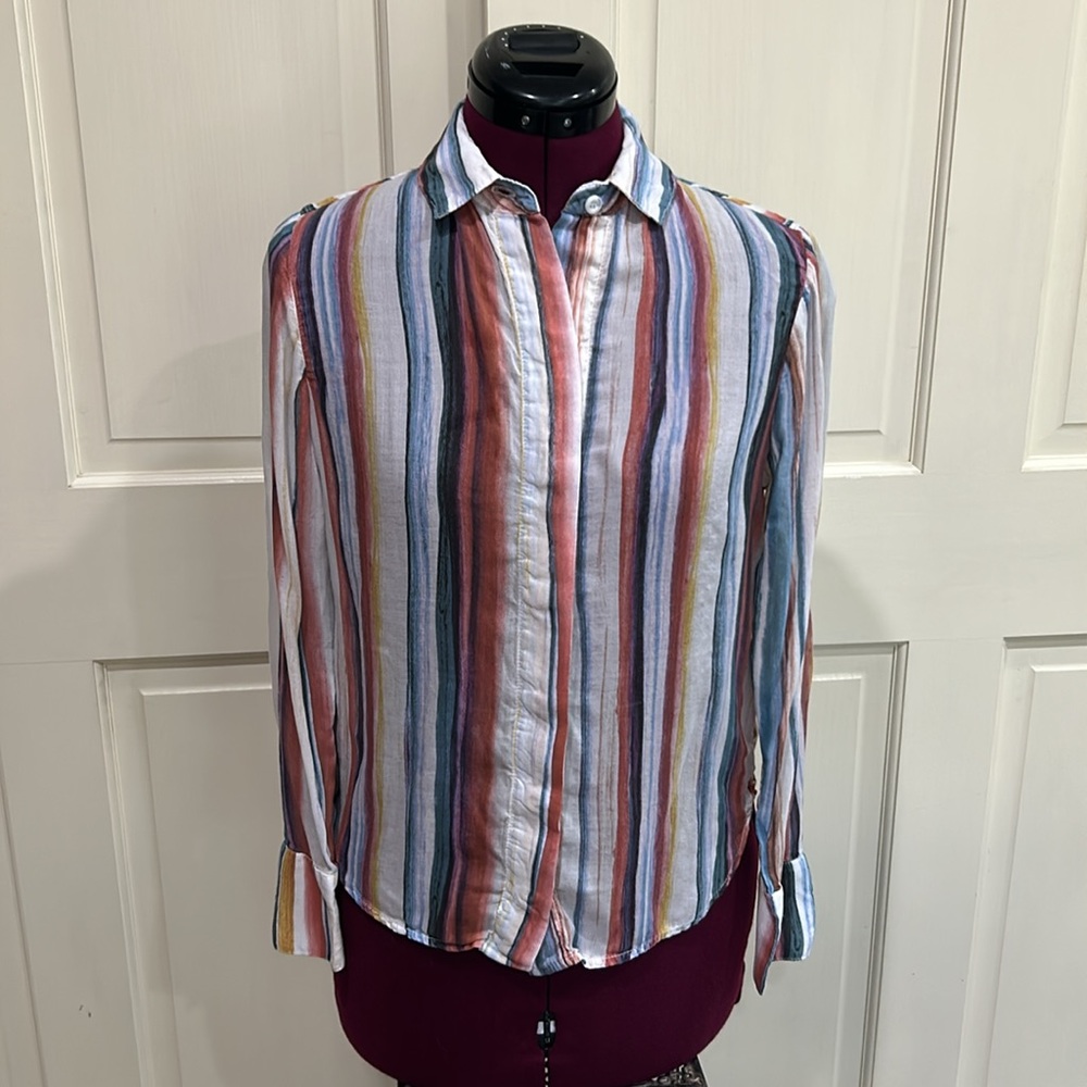 Bella Dahl Flowy Button Down Strip Print Top - Size XS